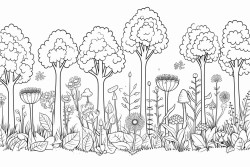 a blooming forest with diverse trees plants and flowers