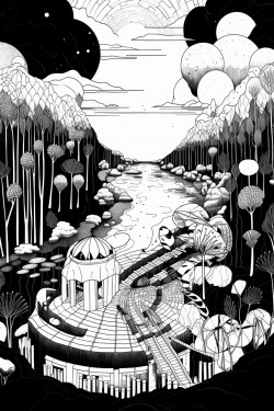 a geometic flowing fantasy garden in an eerie forest with a cat over looking a lake on top of a boulder