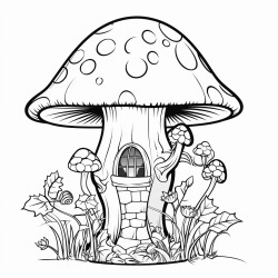 a fairy house in a long stemmed wine glass with mushroom around the base of the glass