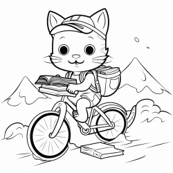 a cat riding a bicycle up a hill of books