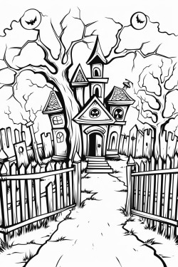 a jar with a haunted house spooky trees gravestones bats a crooked fence