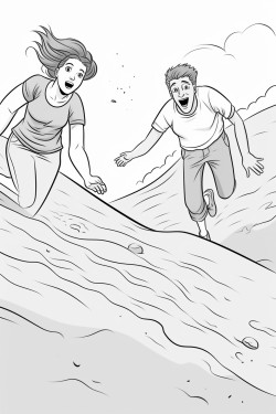 a young woman falling down a sand dune while her boyfriend chases her and laughs