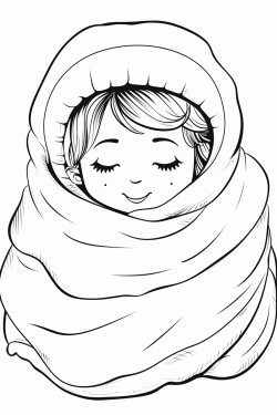 a cute snuggled with a blanket   coloring bookvector white background black and white black drawing