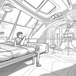 futuristic space bedroom with glass ceiling and boy in bed
