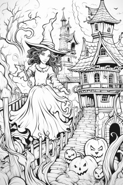 pretty witch with her cat on her broomstick flying over a cozy tudor style town decorated for halloween with jackolanterns and ghosts in an elegant art nouveau style