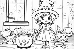 a retro pumpkin dresses as a witch stirring a cauldron with a spoon in a room full of potions