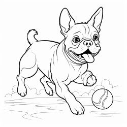 a french bulldog chasing a ball cartoon style