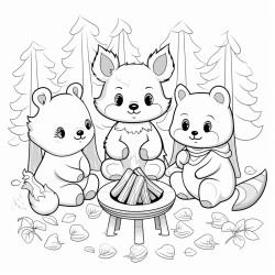 a cute forest friends gathering coloring bookvector white background black and white black drawing