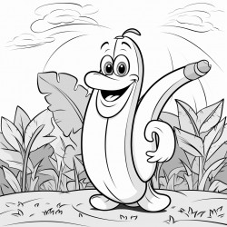 cartoon character of a banana with a face in a garden