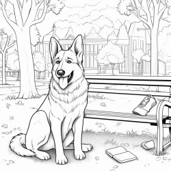 a smiling dog holding a piece of paper in the background a park with trees and a bench  autumn atmosphere
