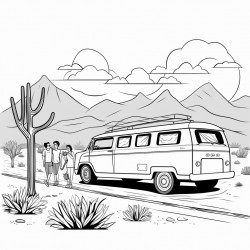 a van on a country road cactus tree some kids on the van
