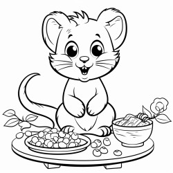 un chat qui voit une souris qui mange une soupe sur une table