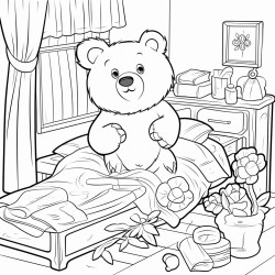 a cute stylised bear cleaning a bedroom drawn with thick bold lines