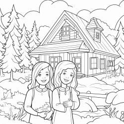 two women in forest with cottage in background