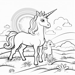 mom unicorn and her baby are sitting in the meadow and looking at the rainbow