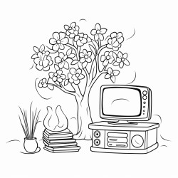 coloring book for children tree leaves snow stone  grass flowers lamp tv and telephone