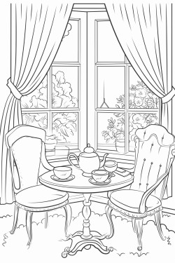 a cute tea time by the window  coloring bookvector white background black and white black drawing