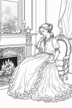 a beautiful victorian woman in her 20s reading a book by a fireplace