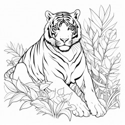 big tiger with tropical leaves or flowers