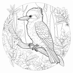 line art for adult coloring book of a kookaburra  on quest in ancient forest with echo laughing stone