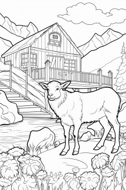 a wild goat switzerland landscape with a quaint stone house surrounded by flowers wooden dock extending into a lake
