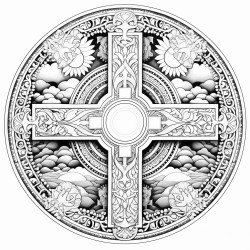 create an image of a solemn scene with a prominent cross in the center
