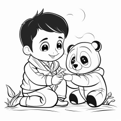 kid and a panda playing