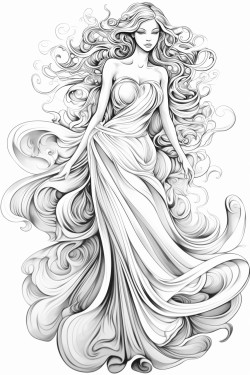 colouring pages beautiful whole body woman with a long flowing dress no shading not many lines large areas for colouring