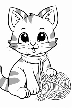 a tabby cat playing with a yarn ball