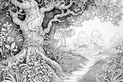 tall and thick oak trees with whimsical vines and leaves wrapping all around it