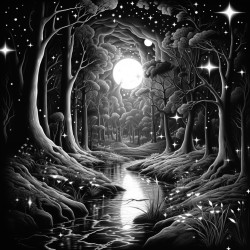 a mystical forest at night with fireflies