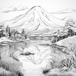 river with reflection and a volcano behind it