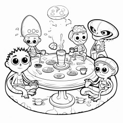 a group of aliens having a tea party on a flying saucer surrounded by snacks