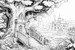 tall and thick oak trees with whimsical vines and leaves wrapping all around it