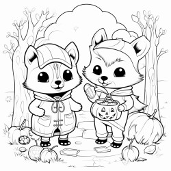 a cozy cute scene of 2 animal friends trickortreating on halloween