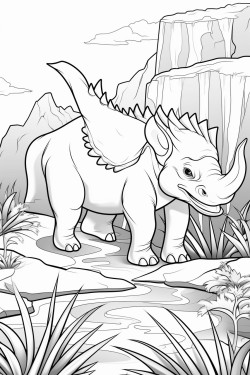 triceratops near waterfalls eating plants