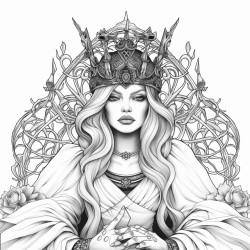 a gothic queen on her throne wearing a crown of thorns surrounded by black roses