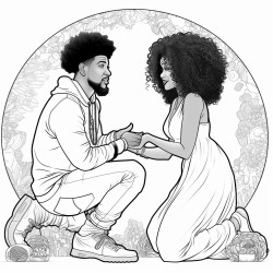 a black man on his knees proposing to a beautiful black woman with an afro