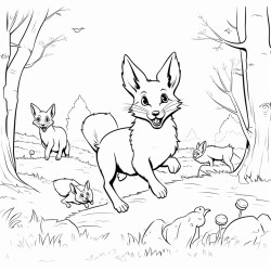 a group of rabbits running away from a sneaky red fox the rabbits enters their hole while the sneaky red fox observes