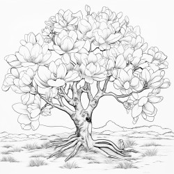 create a blackandwhite coloring page of a magnolia tree in full bloom use bold outlines for large petals and strong branches show flowers at various stages of bloom and add a few leaves keep the background minimal to focus on the tree with open spaces for easy coloring
