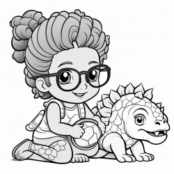 a little mixed girl with glasses with a puff ponytail playing with an ankylosaurus