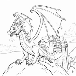 a detailed dragon with scales flying over a castle