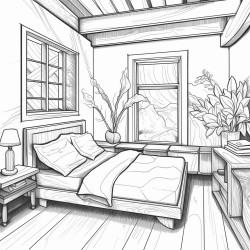 hygge decor bedroom with a wooden panned window and wooden beams on the ceiling a side view of a hygge styled bed