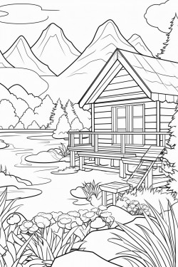switzerland landscape with a quaint stone house surrounded by flowers wooden dock extending into a lake