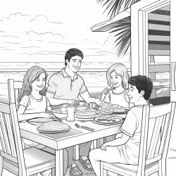 pacific family sharing food at a table set in beach house picture on wall says  all are welcome at my table