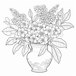 create a blackandwhite coloring page of a lilac bouquet in a vase use bold outlines for the small lilac flowers and a simple elegant vase ensure enough space between flowers leaves and the vase for easy coloring the overall design should have clear sections free of color