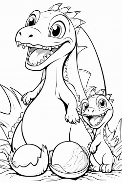 a baby dinosaur hatching from its egg with its proud parents nearby