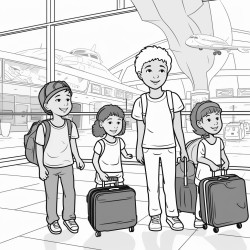 3 kids of different races and ages inside an airport terminal with luggage