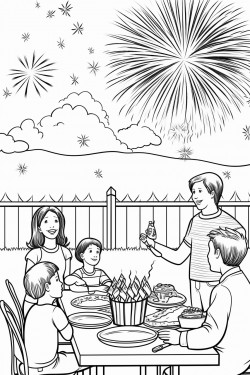 fourth of july scene with fireworks and a family enjoying a bbq grill lunch with dark outlines no color