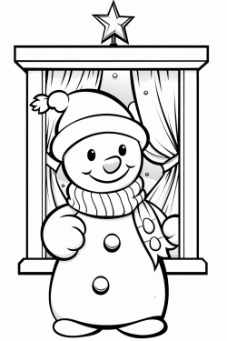 christmas snowman outside the window and behind the christmas tree